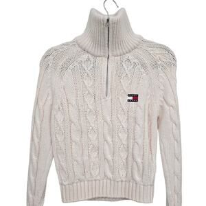 Tommy Jeans M Cable Knit Quarter-Zip Sweater Wool Blend Ivory White Logo Patch